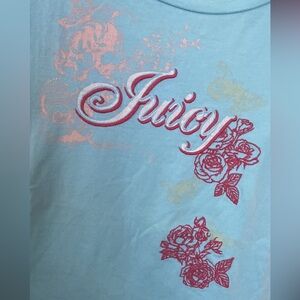 Y2K Juicy Couture Baby Blue Tee Butterflies & Embroidered Roses / Logo Graphic L
